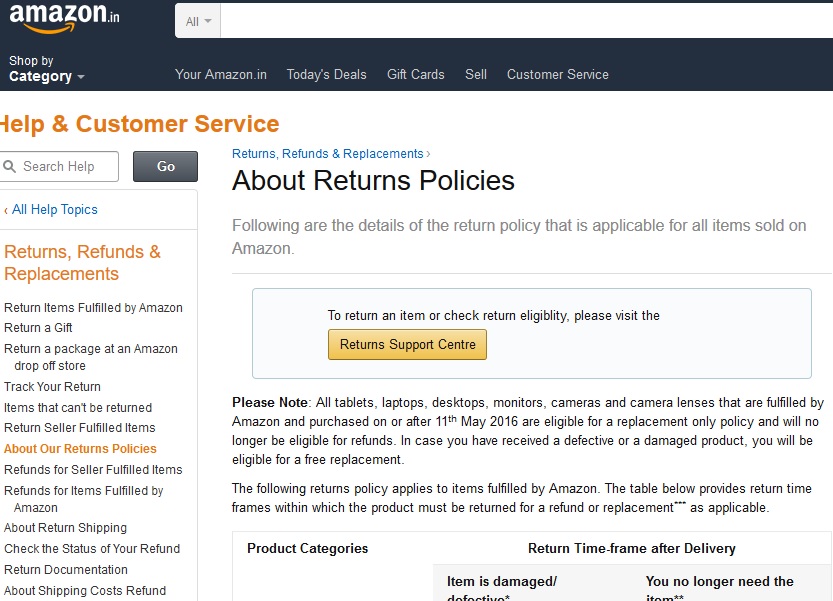 Now you cannot return Tablets, Laptops, Desktops, Cameras on Amazon India