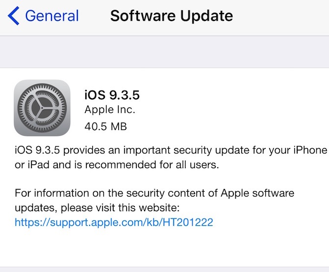 Apple releases iOS 9.3.5 security update for iPhone, iPad and iPod